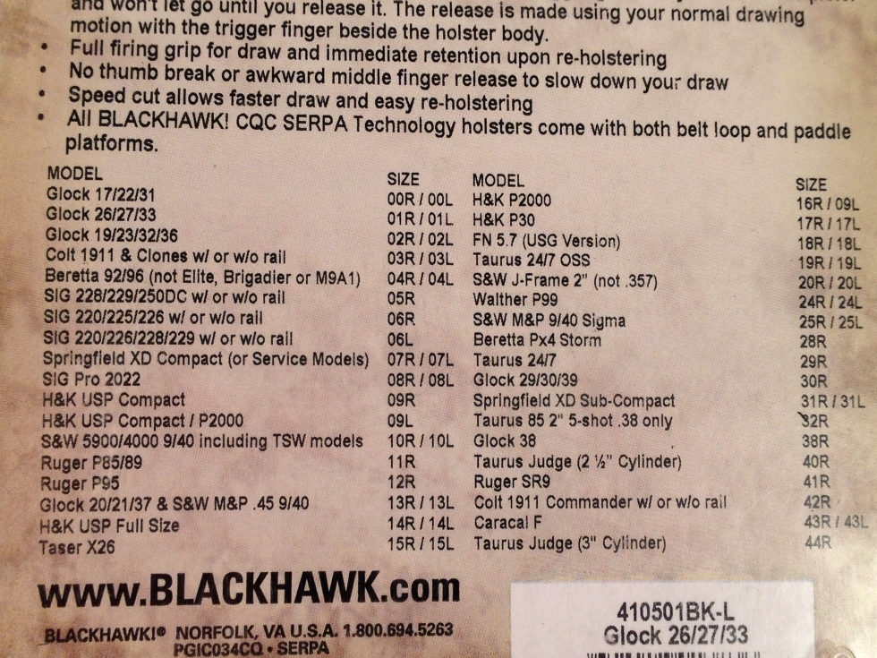 Blackhawk Serpa Holster for Glock: 26, 27, or 33. AR15 Gear 